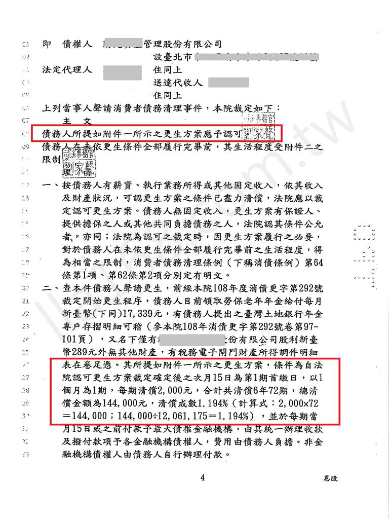 債務更生成功案例｜台北地院更生打折成功案例，裁定更生成功減免千萬